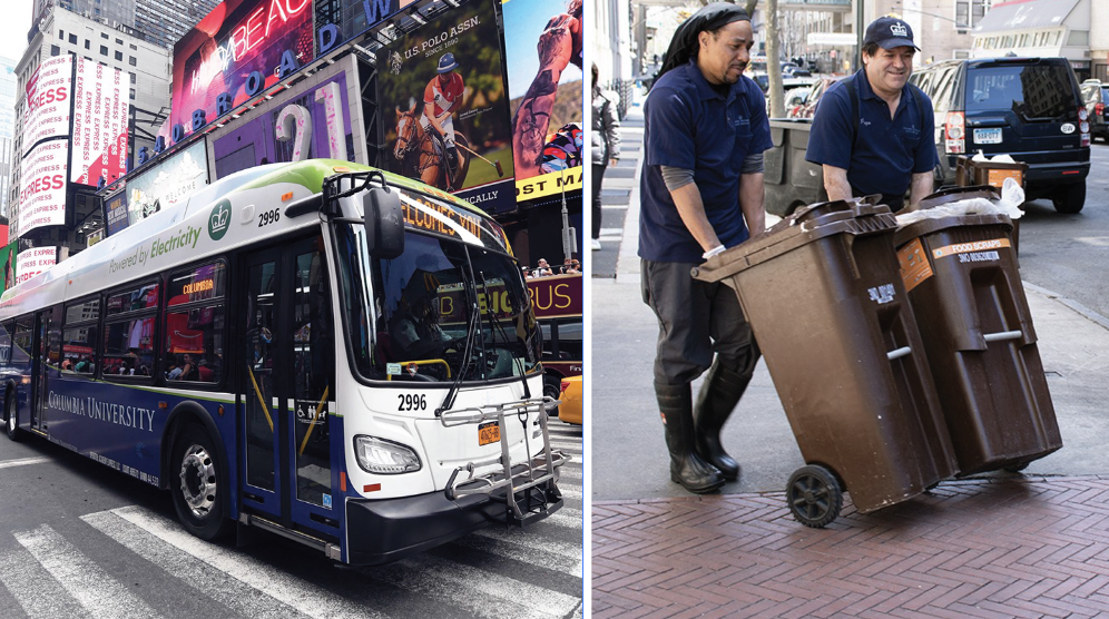 A photo of a Columbia electric shuttle bus in Times Square next to two Facilities and Operations team members taking out compostable bins.