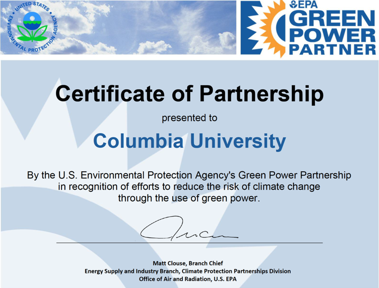A certificate by the EPA stating that Columbia has joined the Green Power Partnership