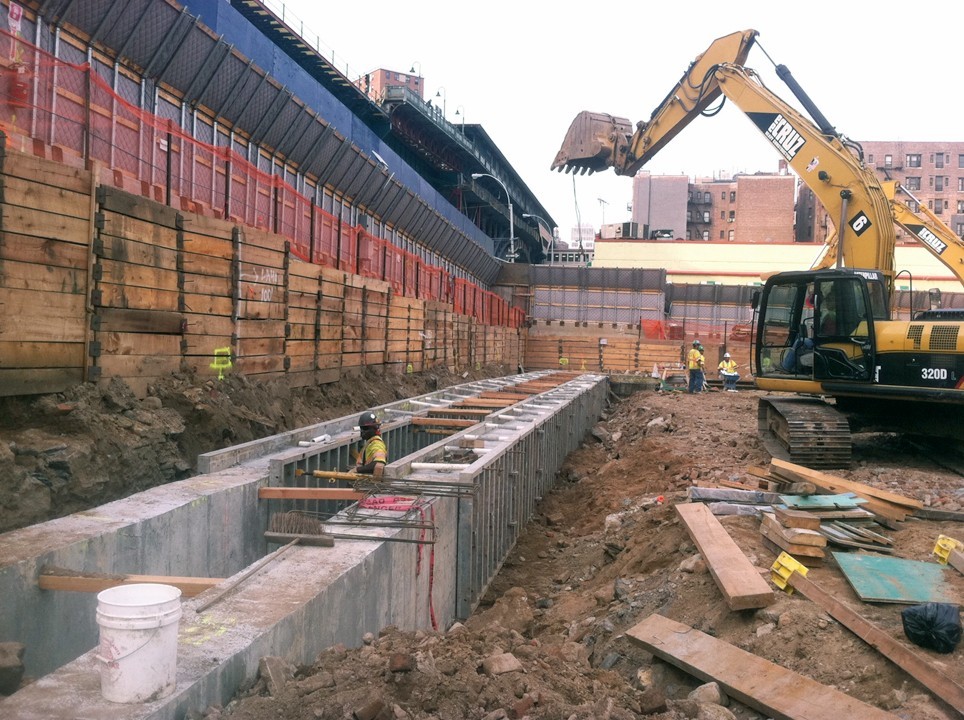 The slurry wall is being constructed at the below grade foundation site of Columbia's Manhattanville campus.