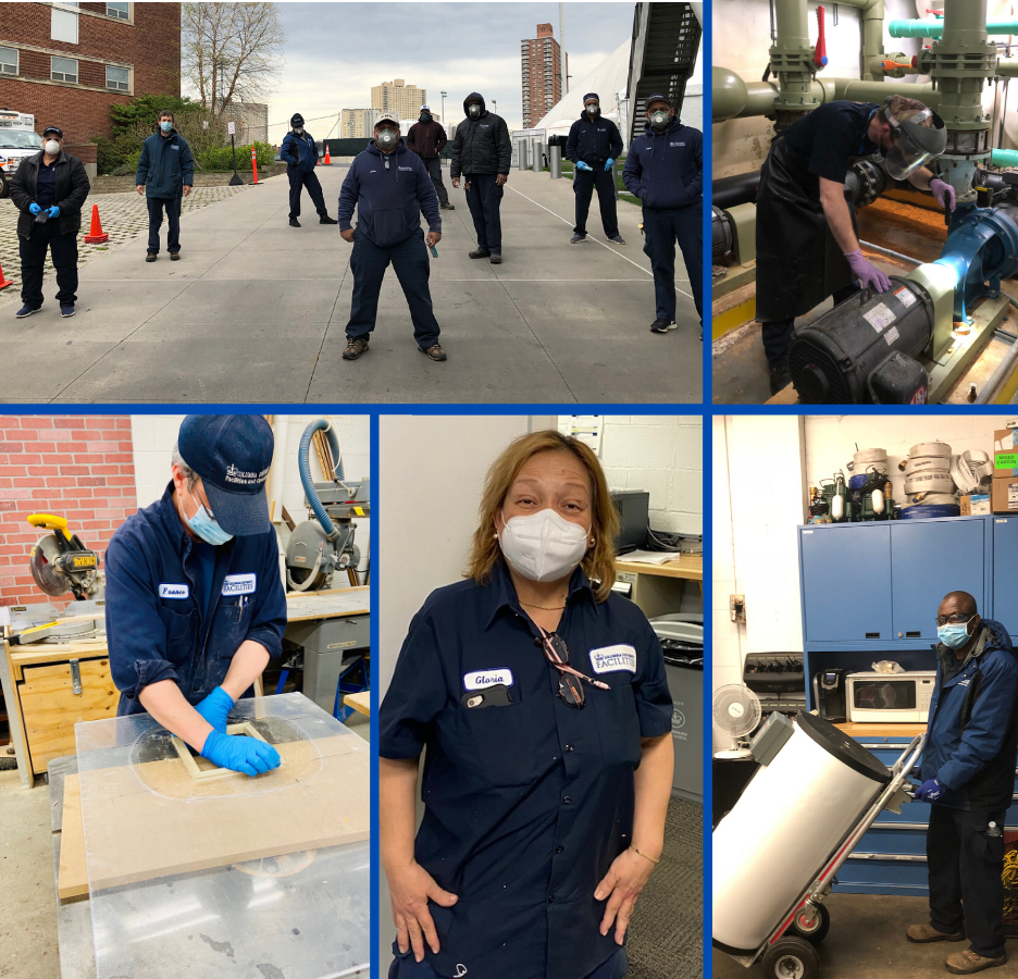 A collage of photos of essential Facilities workers throughout campus