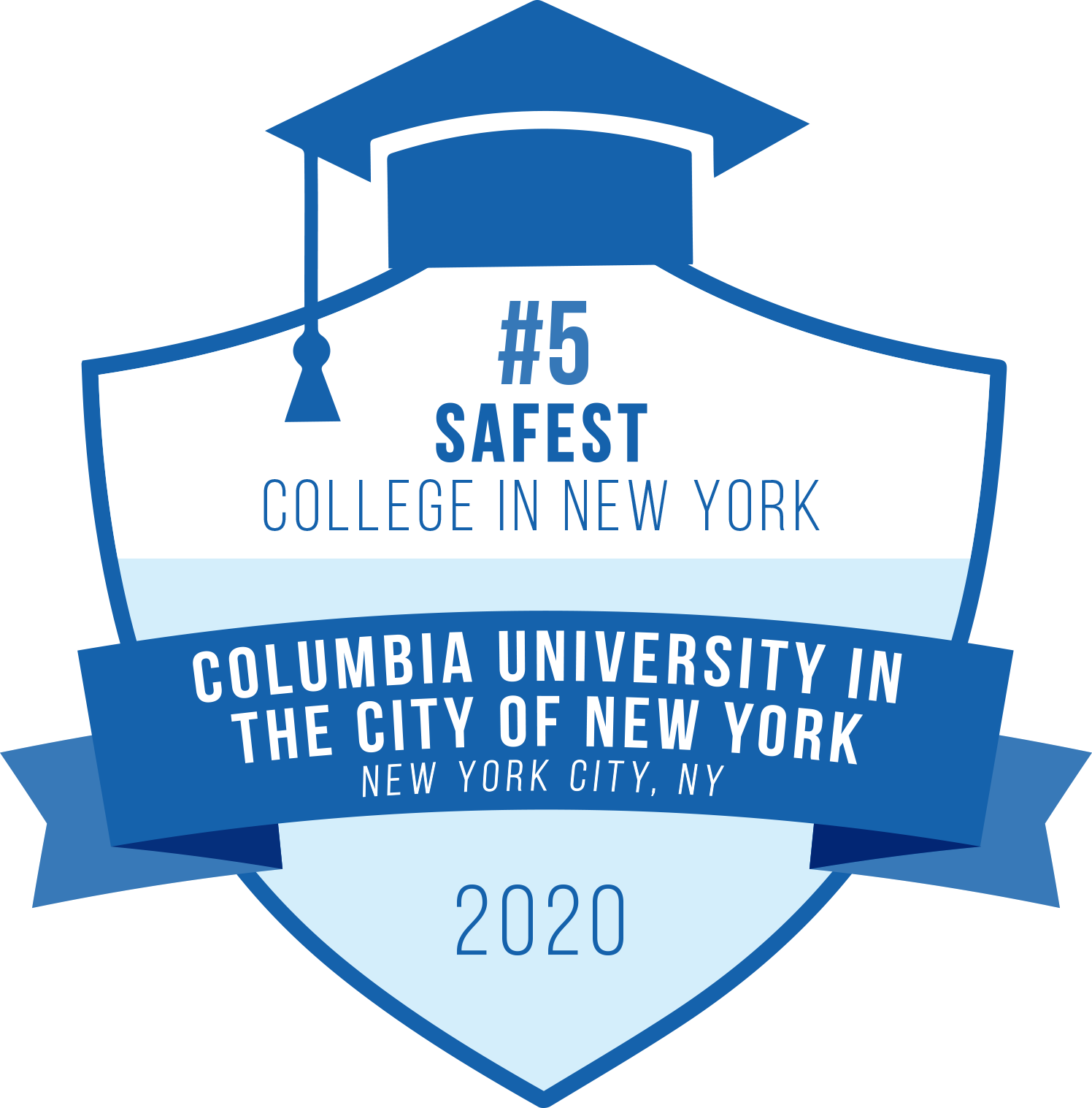 A blue award graphic stating Columbia is the fifth safest college in New York State with a commencement hat and tassle on top.