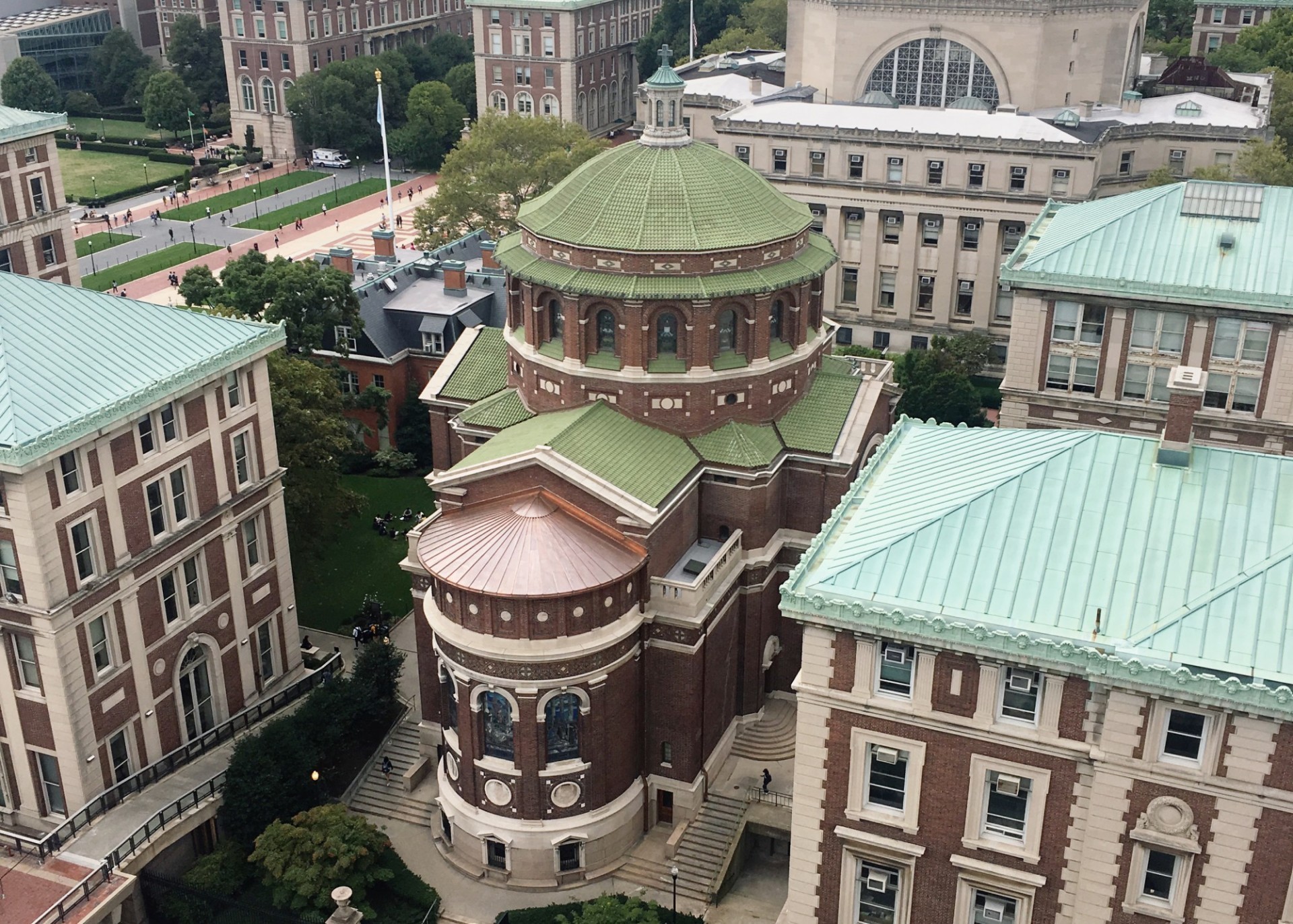 An aerial shot of St. Paul's Chapel with the renovated copper roof.