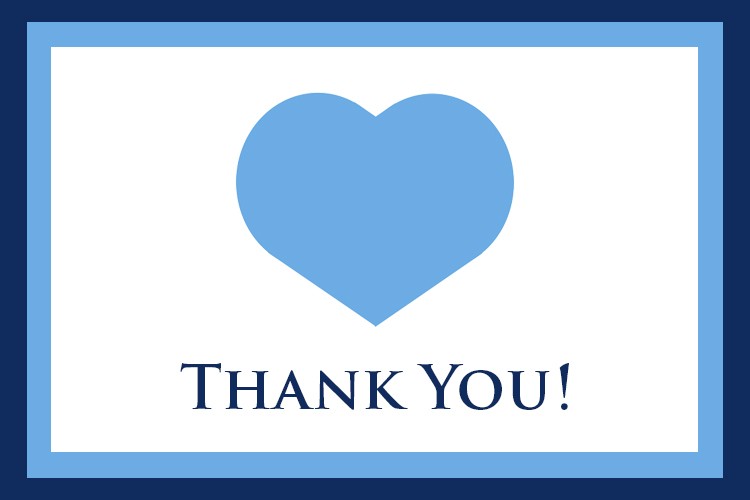 A blue and white graphic, that has a light blue heart in the middle that says, "Thank You!"