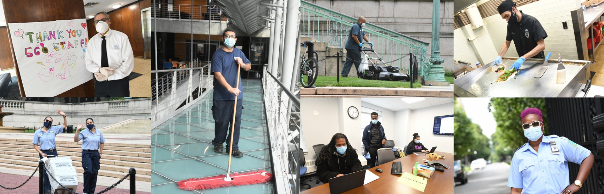 A collage of pictures of Facilities and Operations employees, including Custodial, Dining, Custodial, Public Safety, Health, Housing, Mail, and Residential employees