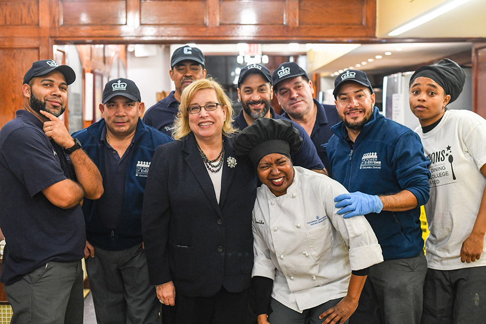 Vicki Dunn gathered with Columbia Dining employees in John Jay Dining Hall.