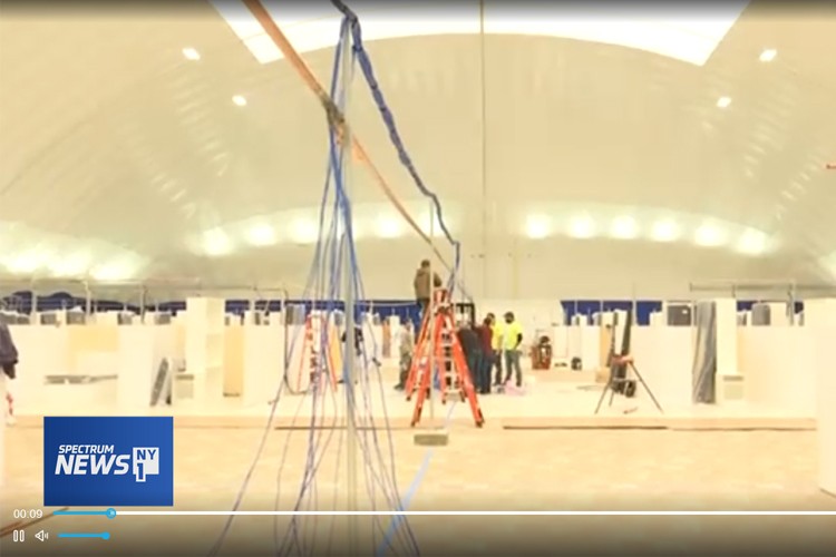 The Bubble at Baker interior, that is being set up with equipment to transform it into a field hospital.