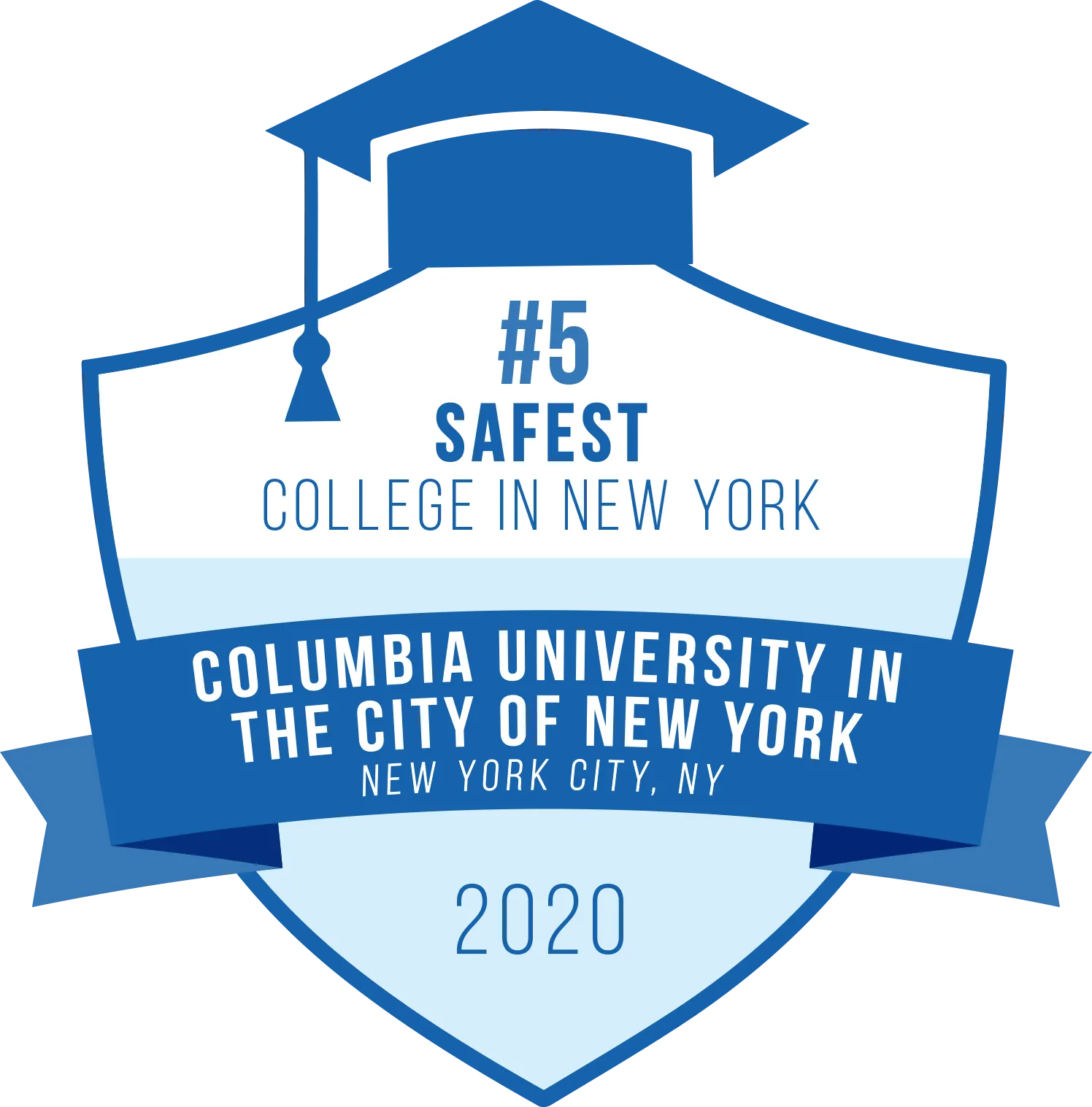 A blue award graphic stating Columbia is the fifth safest college in New York State with a commencement hat and tassle on top.