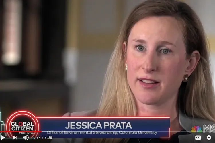 A woman with long blonde hair speaking with a blue banner below that reads, "Jessica Prata, Office of Environmental Stewardship, Columbia University"