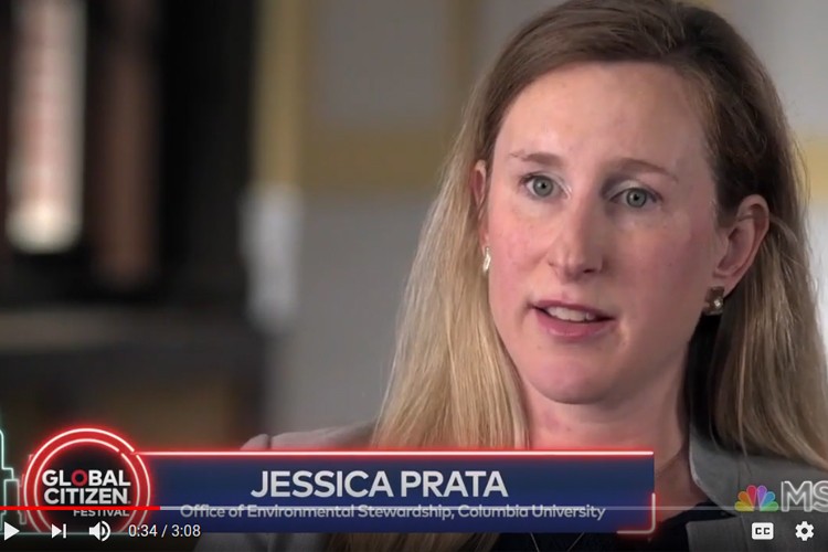 A woman with long blonde hair speaking with a blue banner below that reads, "Jessica Prata, Office of Environmental Stewardship, Columbia University"